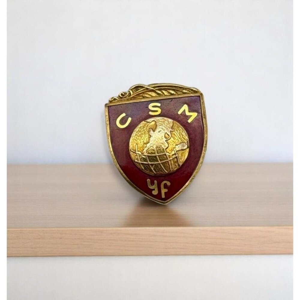 Vintage CSM YF Red & Gold Enamel Shield Lapel Pin With Globe Design